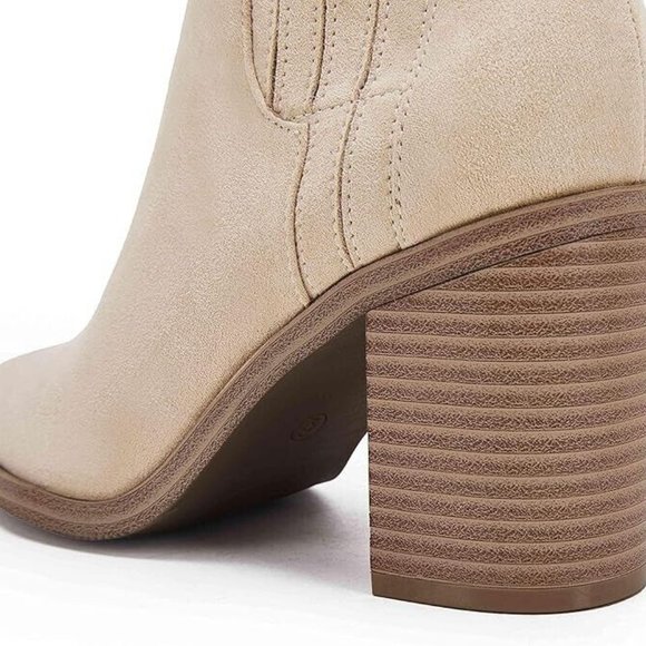 Womens Pointed Toe Ankle Booties Chunky Stacked Block Mid Heel Western New - Picture 4 of 8